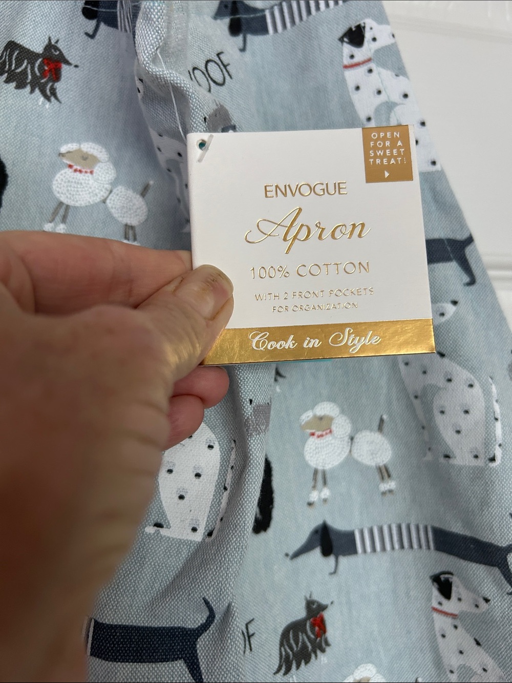 Envogue Light Blue Cotton Apron with Dog Motif NWT